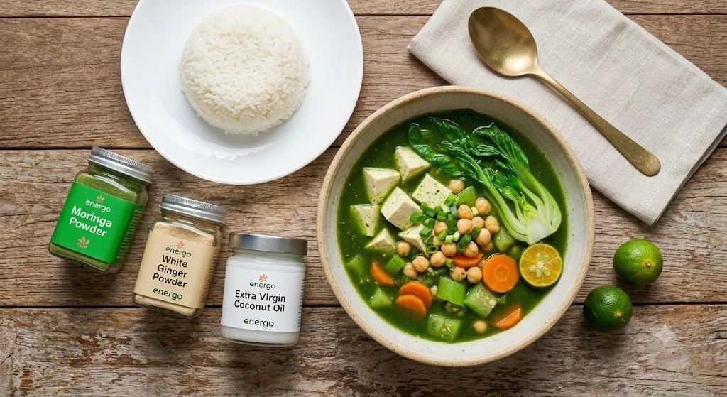 A full bowl of healthy green Moringa detox soup with bok choy, cubed tofu, carrots, and chickpeas on a rustic wooden table, featuring Energo Harvest Moringa Powder, White Ginger Powder, and Extra Virgin Coconut Oil jars with the official peach leaf logo.