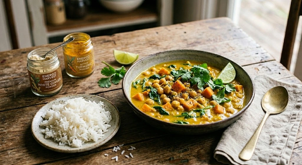 A warm bowl of vegan chickpea and sweet potato spiced ginger curry served with white rice, fresh lime, and cilantro, next to Energo Harvest White Ginger and Turmeric powder bottles on a rustic wooden table.